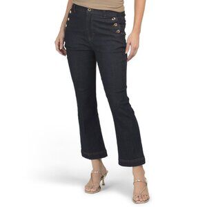 RACHEL ZOE Rinse High Rise Bootcut Cropped Trousers With Gold Tone Buttons
